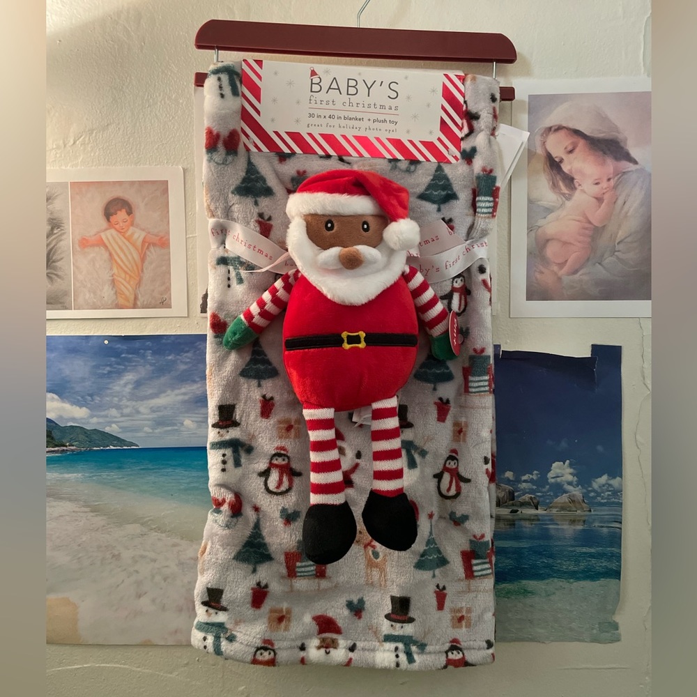 Baby’s First Christmas Grey Soft Plush Baby Blanket ~ 30 X40” & Santa Plush Toy